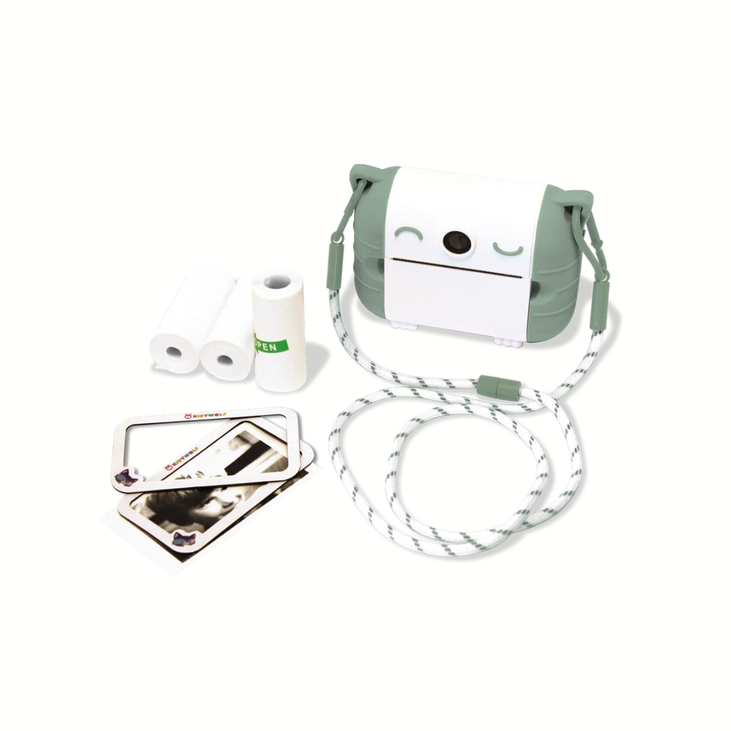 Interior cámara infantil instantánea verde con impresión térmica sin tinta