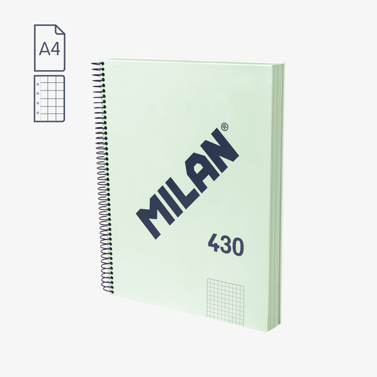 Libreta MILAN A4 espiral tapa dura cuadrícula 5×5 serie 430 color mint