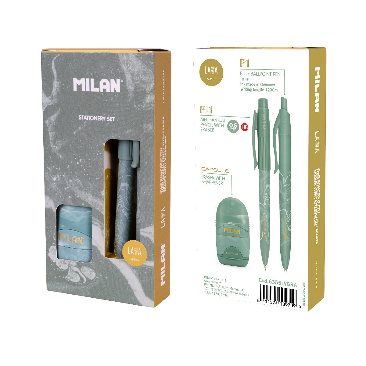 Pack regalo MILAN LAVA con bolígrafo, portaminas y afilaborra en caja verde