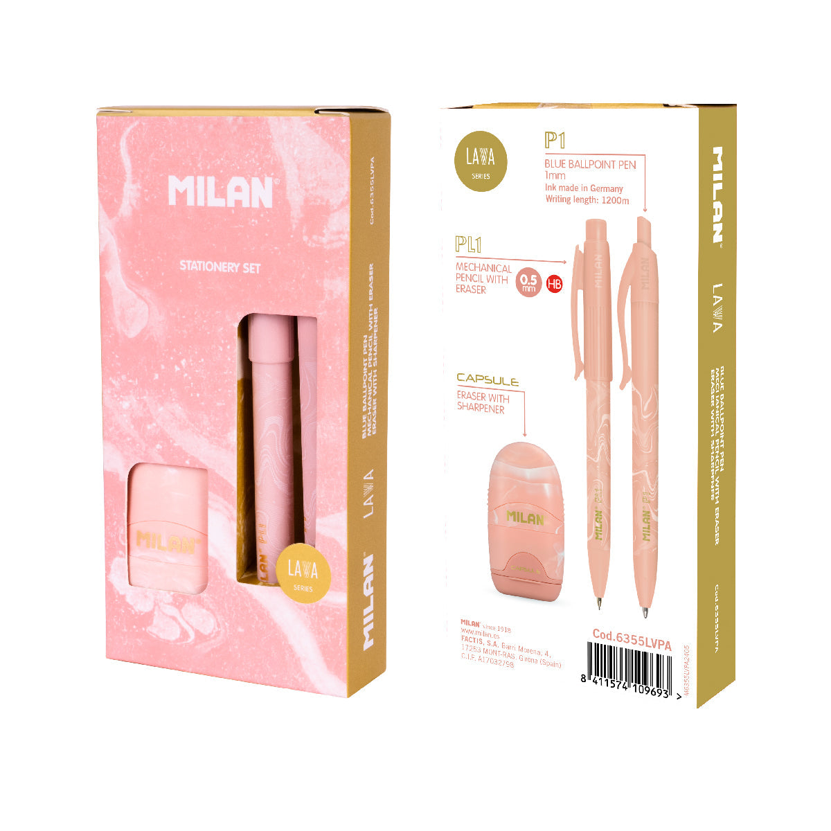 Pack regalo MILAN LAVA con bolígrafo, portaminas y afilaborra en caja rosa