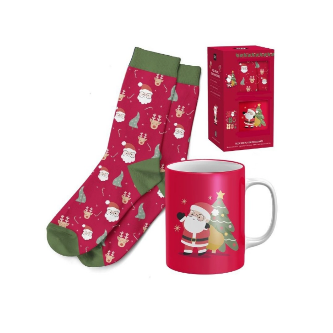 Set regalo Navidad con taza 300 ml y calcetines de Papá Noel en caja