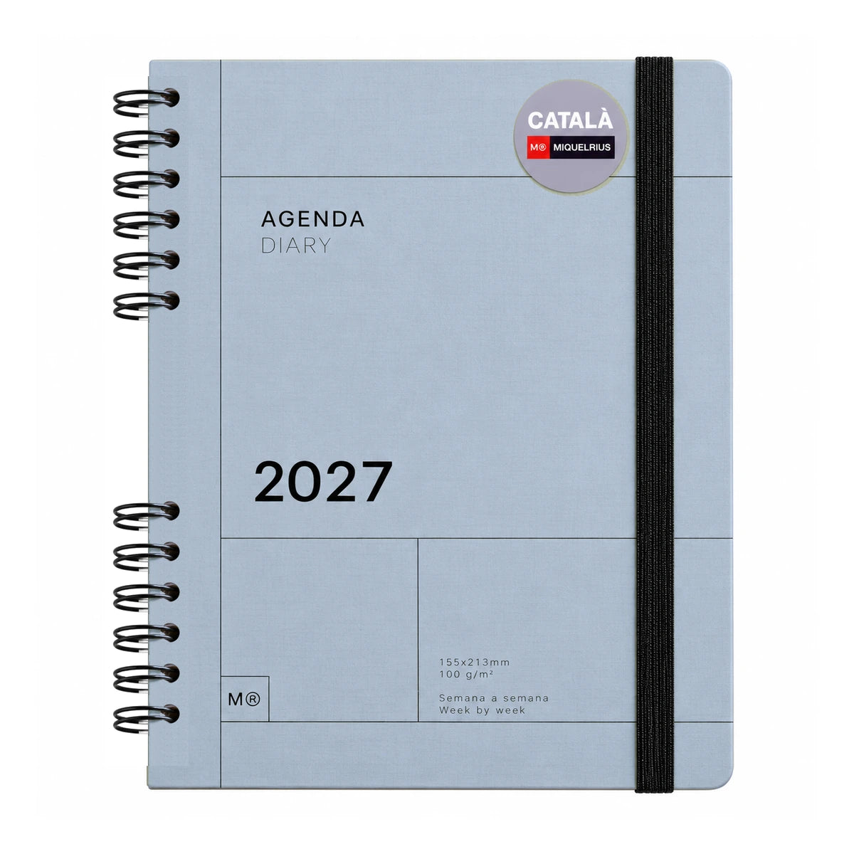 Agenda 2027 en catalán semana vista Miquelrius azul, espiral negra y goma de cierre