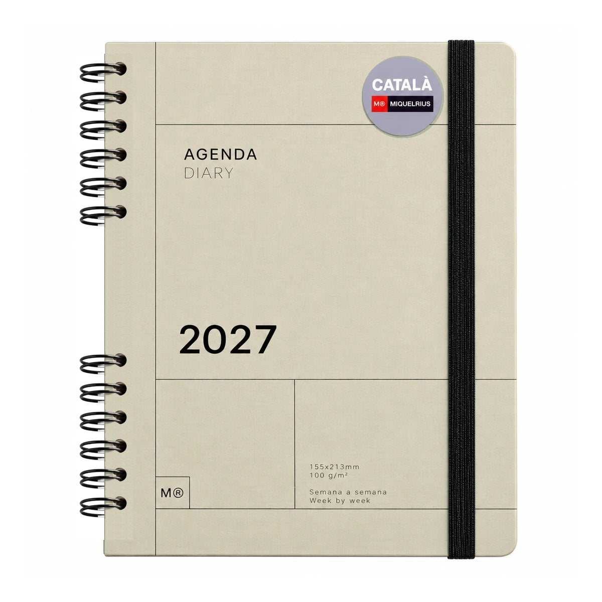 Agenda 2027 en catalán semana vista Miquelrius beige, espiral negra y goma de cierre