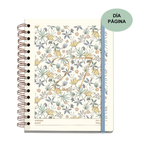Agenda 2027 día por página Miquelrius Flores Crema, espiral cobre y goma azul