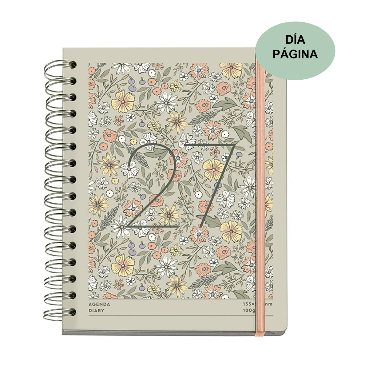 Agenda 2027 día por página Miquelrius Flores Salvia, espiral plateada y goma rosa