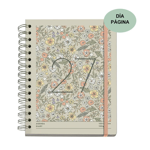 Agenda 2027 día por página Miquelrius Flores Salvia, espiral plateada y goma rosa