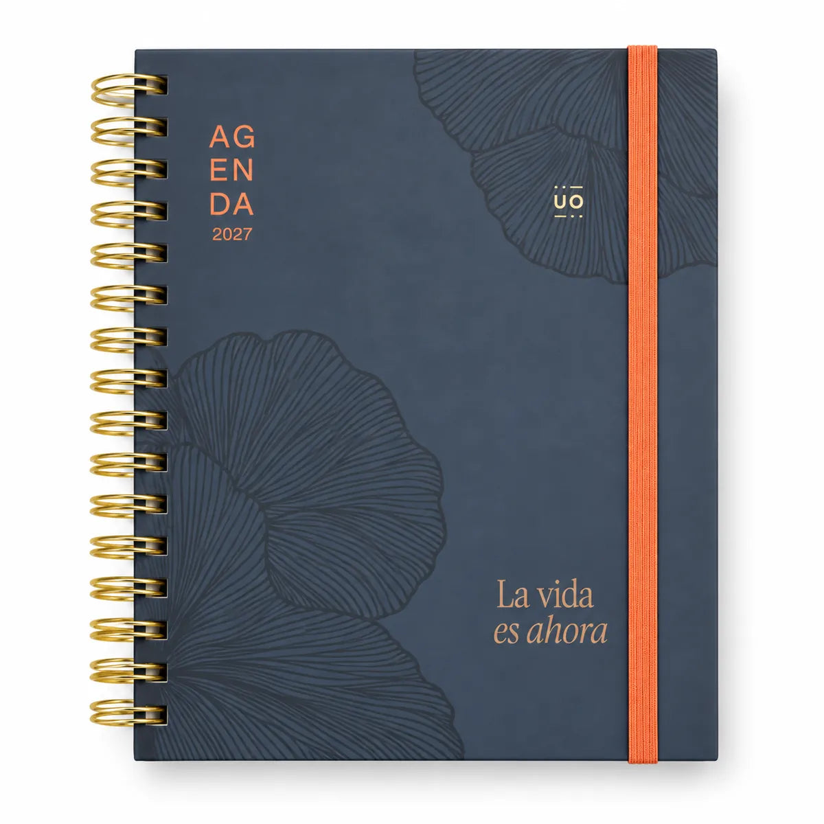 Agenda 2027 día por página UO La vida es ahora, tapa azul marino con flores grabadas y goma naranja