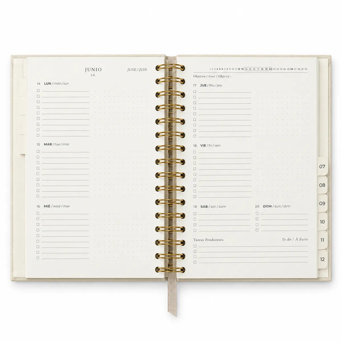 Interior agenda 2027 Refined Stationery Flores Doradas: semana vista en doble página con tareas y cuadrícula de puntos