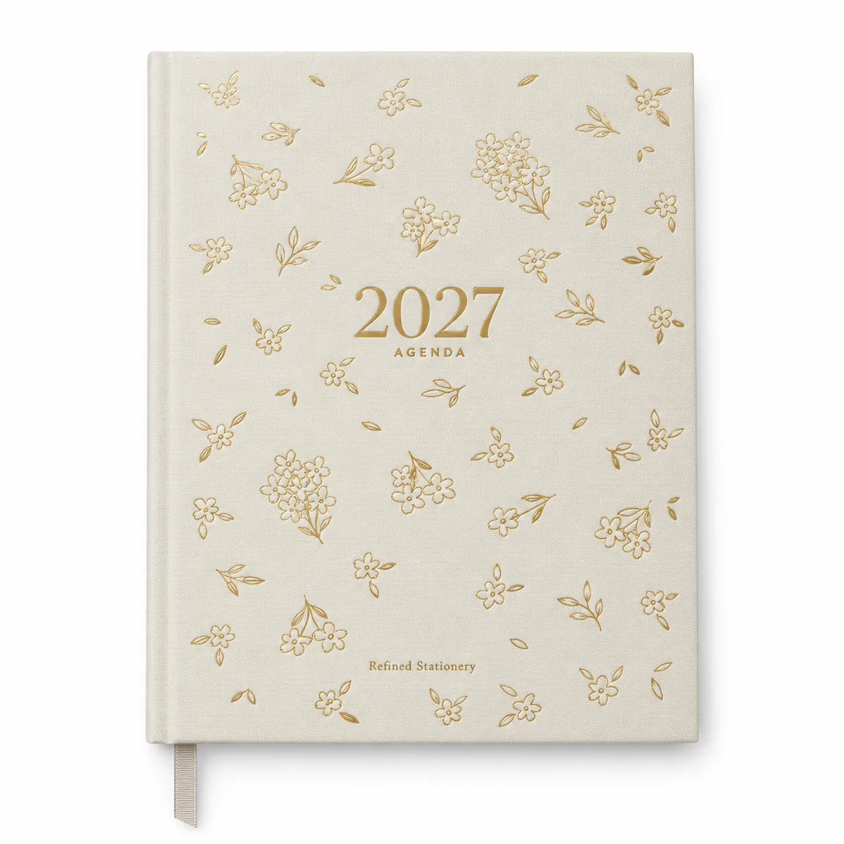 Agenda 2027 semana vista Refined Stationery Flores Doradas, tapa dura entelada crema con flores doradas
