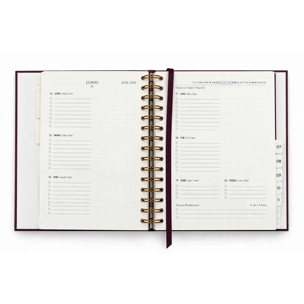 Interior agenda 2027 Refined Stationery Mulberry: semana vista en doble página con tareas y cuadrícula de puntos