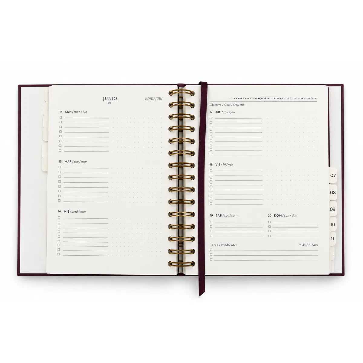 Interior agenda 2027 Refined Stationery Mulberry: semana vista en doble página con tareas y cuadrícula de puntos
