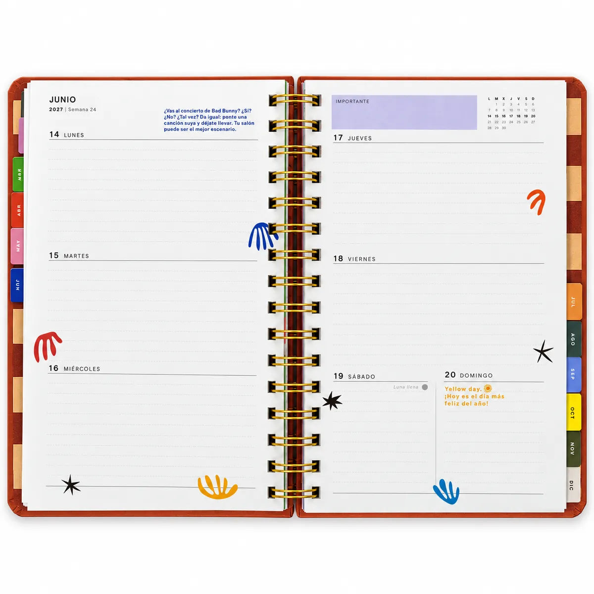 Interior agenda 2027 UO semana vista: doble página semanal a color con stickers y separadores de colores