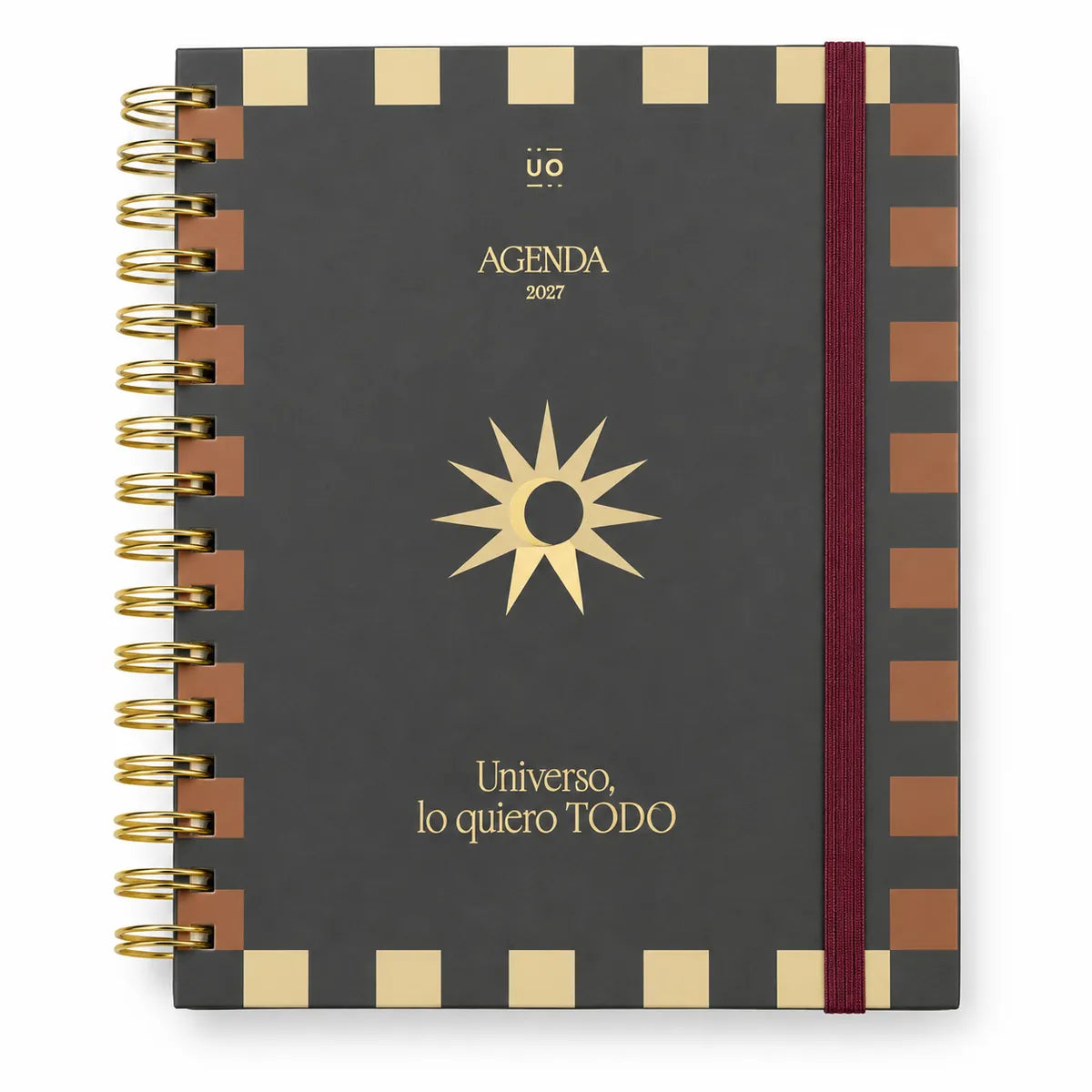 Agenda 2027 semana vista UO Universo lo quiero TODO, tapa gris con sol dorado
