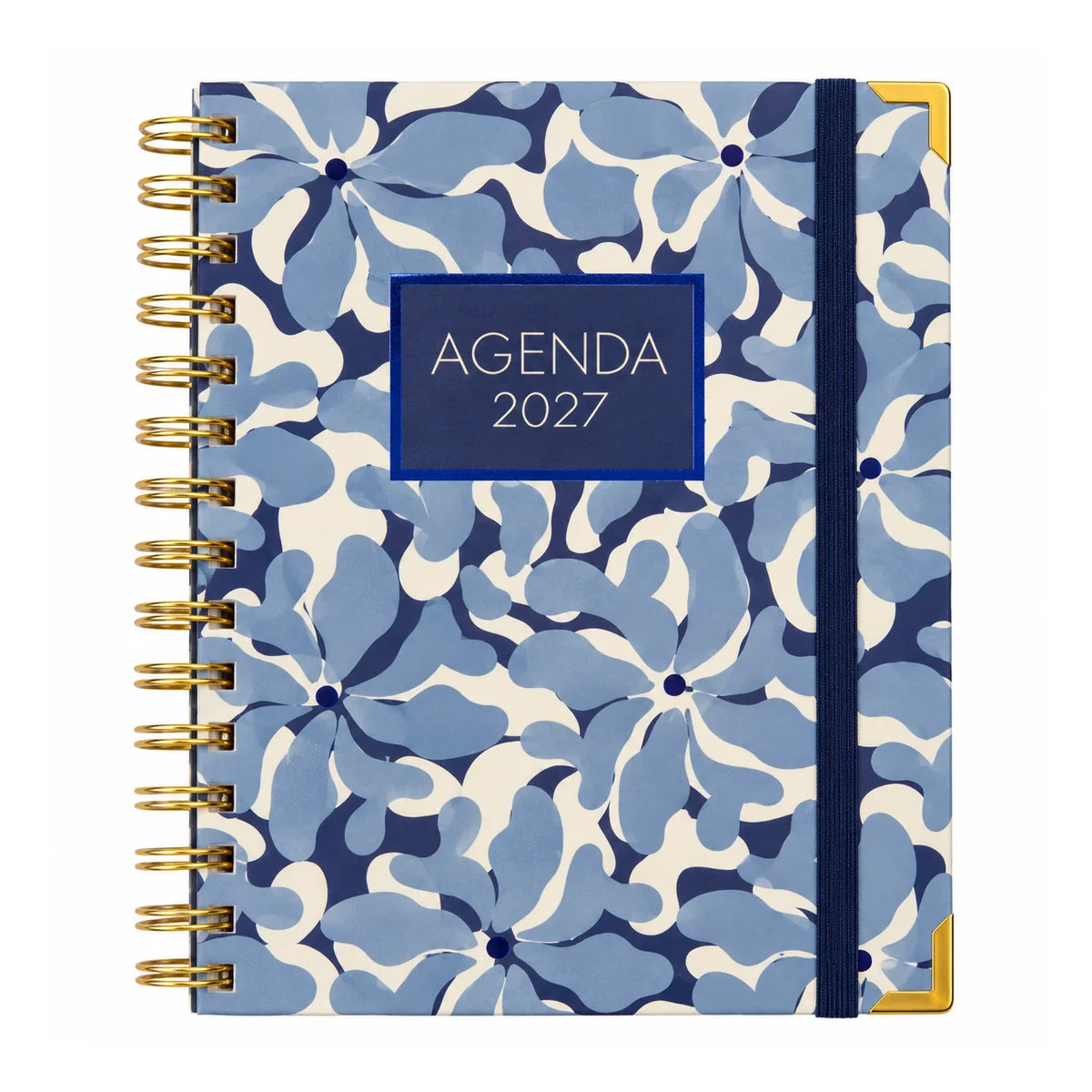 Agenda 2027 dos días por página Sweetcolor Flores Azules, espiral con goma azul marino