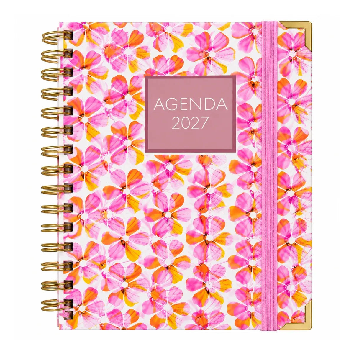 Agenda 2027 dos días por página Sweetcolor Flores Fucsia, espiral con goma rosa y esquineras doradas