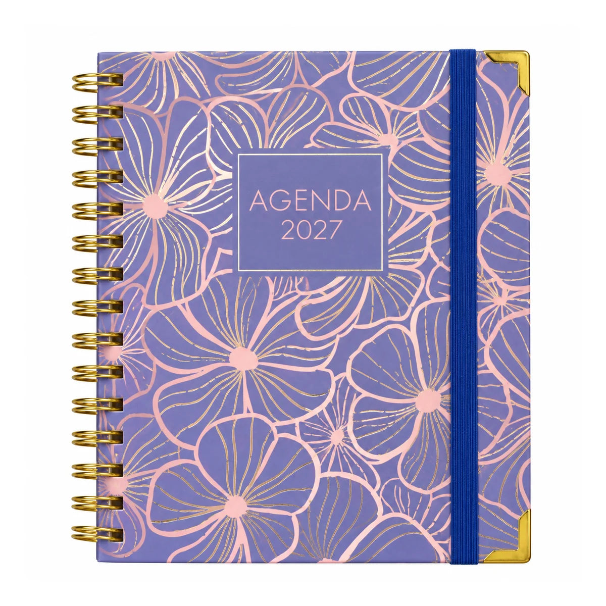 Agenda 2027 dos días por página Sweetcolor Flores Lila, espiral con goma azul y esquineras doradas