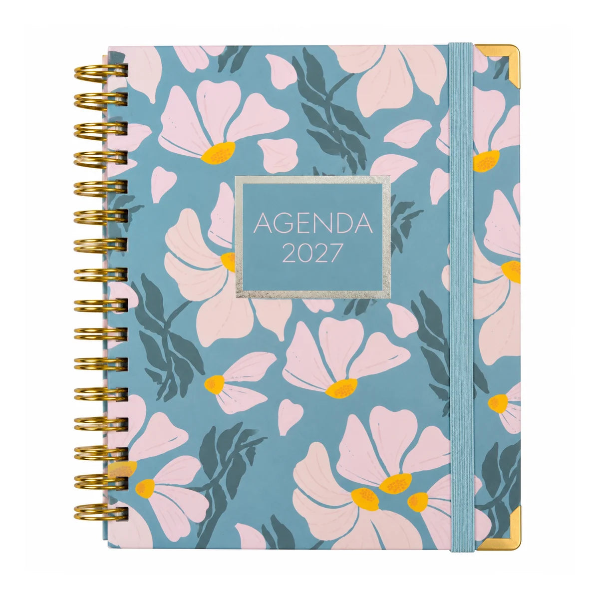 Agenda 2027 día por página Sweetcolor Flores Rosas sobre fondo azul, espiral con goma