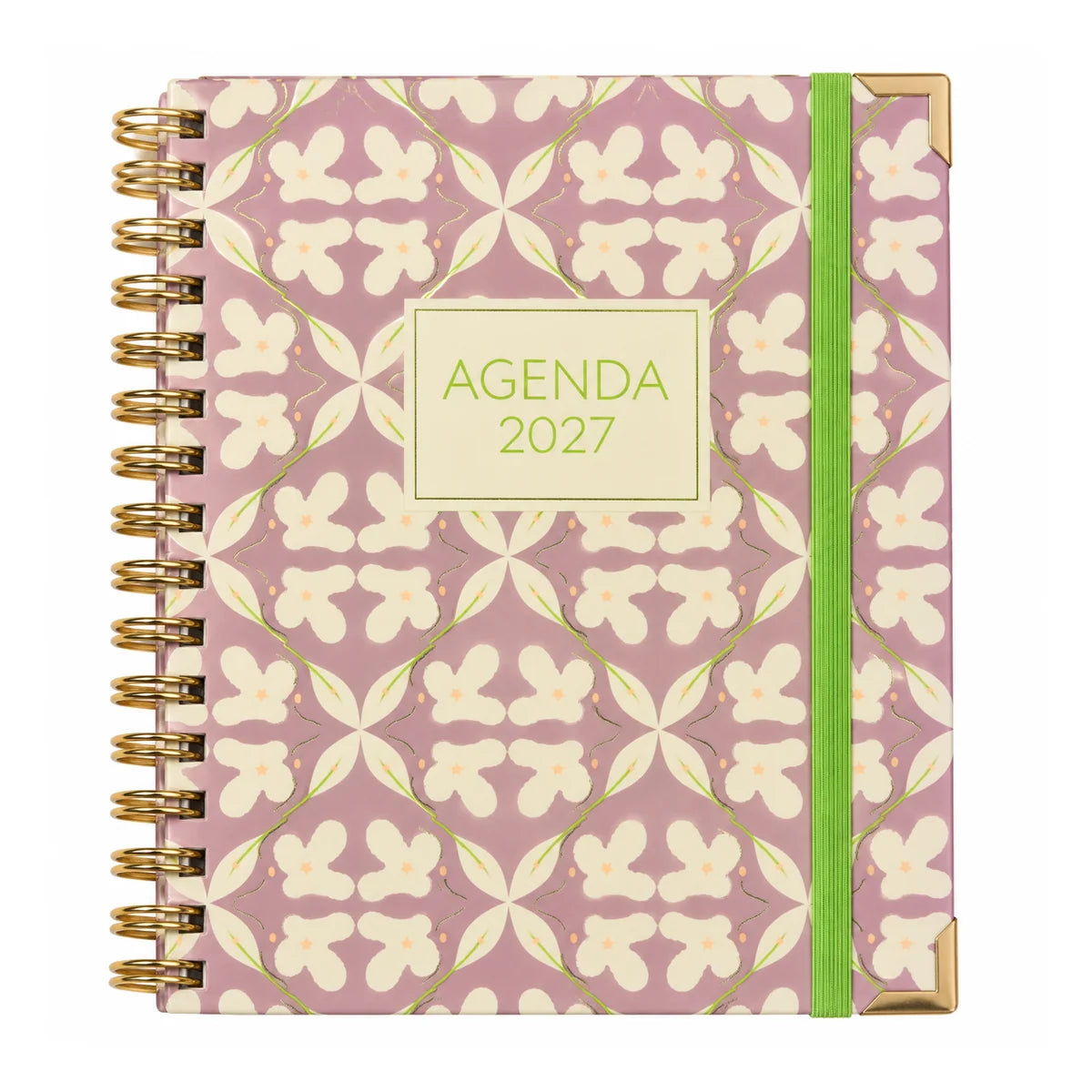 Agenda 2027 dos días por página Sweetcolor Mosaico Lila, espiral con goma verde