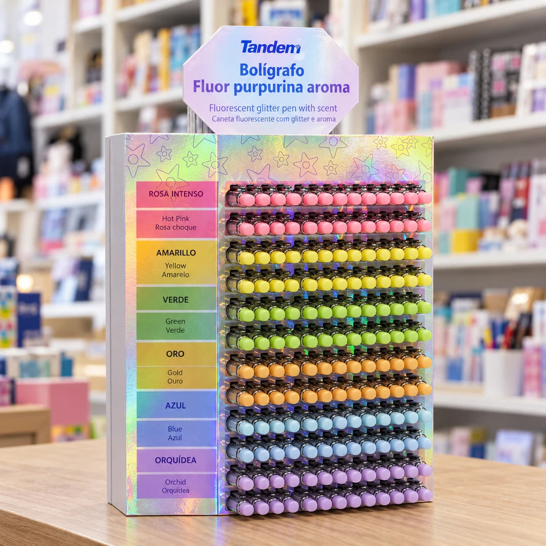 Expositor de bolígrafos Tandem fluor purpurina con aroma en papelería Nüma